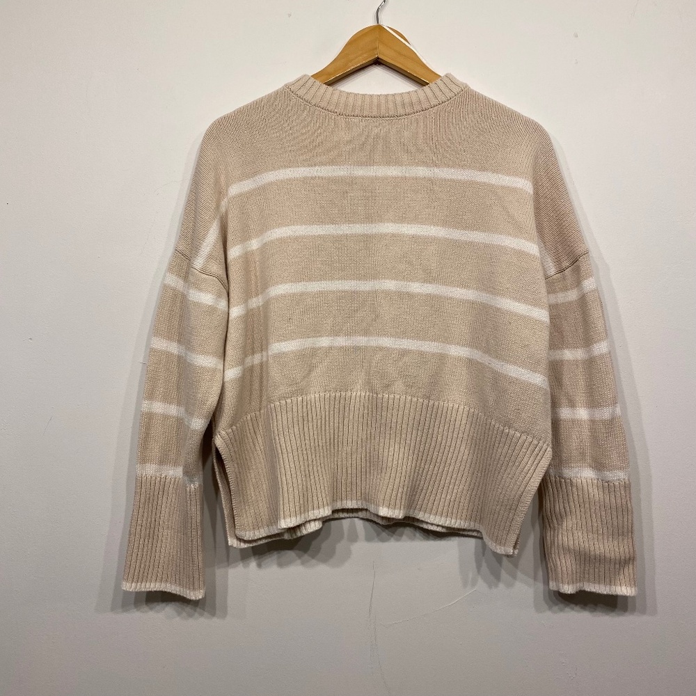 Sincerely Jules Tan White Striped Knit Crewneck Chic Minimalist Sweater Medium